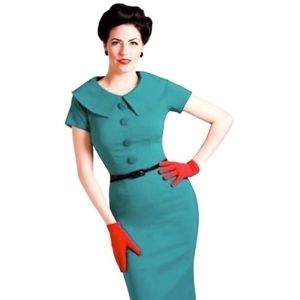 Tatyana Rita Green Teal Foldover Collar Stretch Retro Theme Midi Dress XS